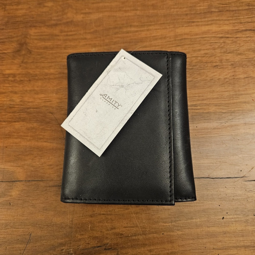 Vintage Amity Men's Tri Fold Wallet Billfold Black Genuine Leather 1997 NWT NOS